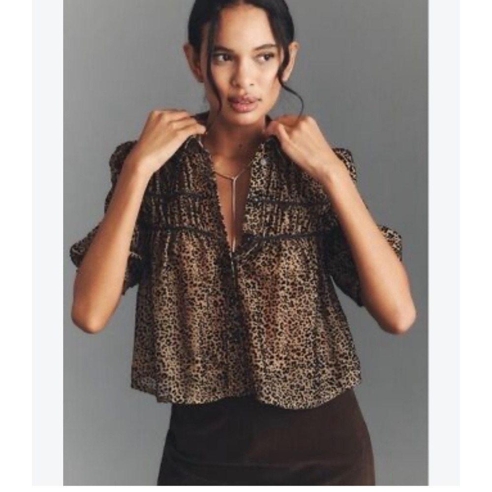Anthropologie Maeve Leandra Velvet Shirred Yoke Blouse Leopard Print L Boho